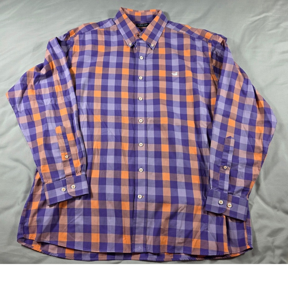 Southern Marsh Button Up Shirt Mens XL Purple Orange Gingham Plaid Preppy Casual